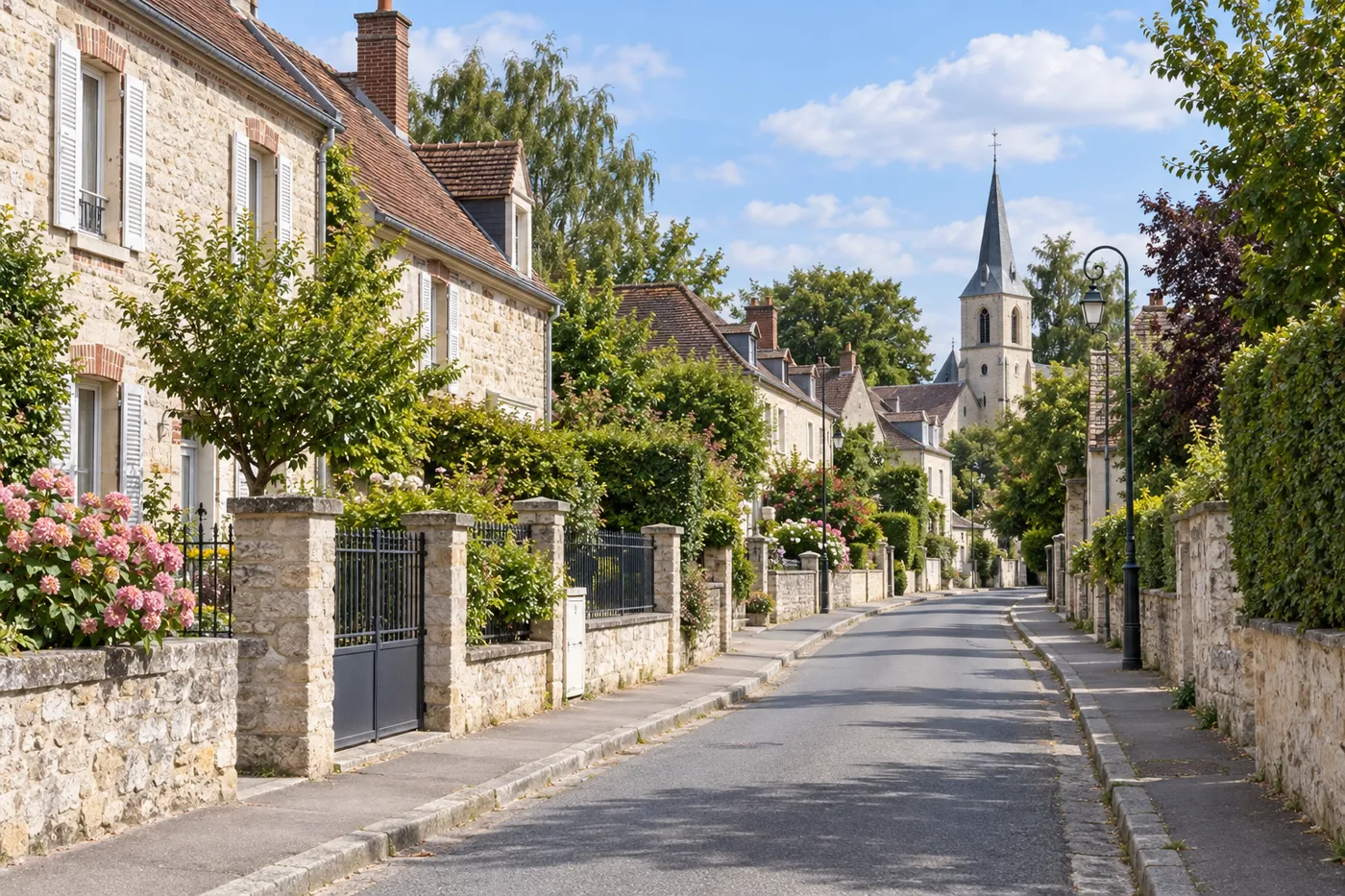 Rue résidentielle bordée de maisons en pierre dans une commune de l'Oise